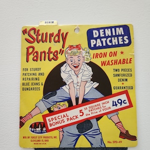 Vintage &quot;Sturdy Pants&quot; Iron On Denim Patches -- Denim Jeans Patches -- Vintage Sewing Notions --  Denim Jeans Repair Kit -- Sewing Crafts