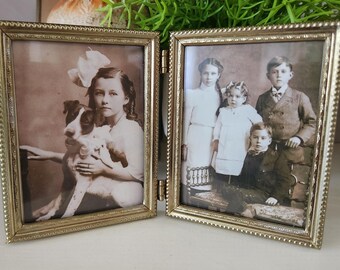 Vintage Double Sided Folding Picture Frame – Gold-Tone Metal, Vintage Children Photos