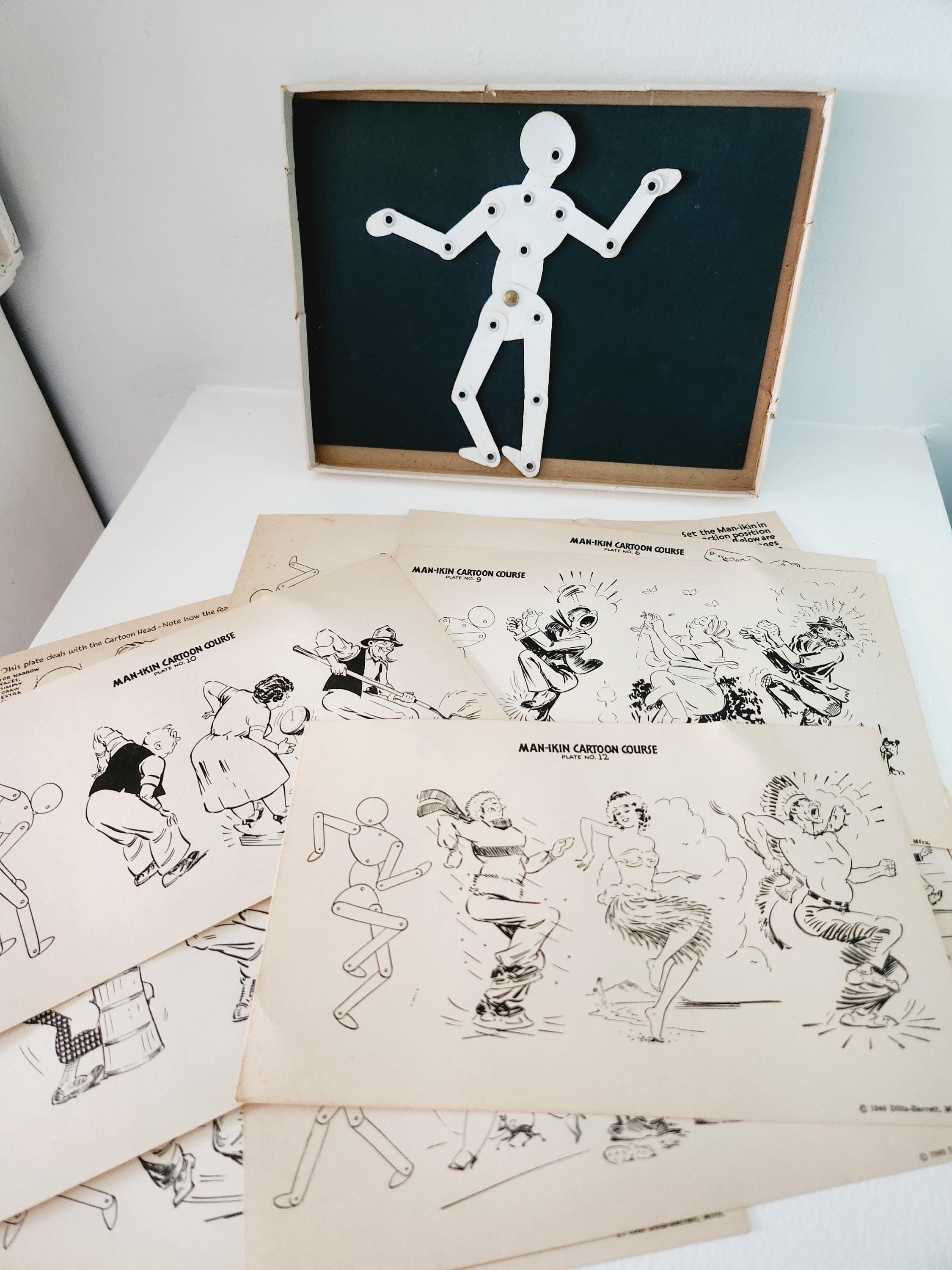 Man-Ikin Cartoon Drawing Course How To Draw Jointed Action Figure by Diltz-Barrett  -- 1940 Step By Step How To Drawing Art Sketching Kit