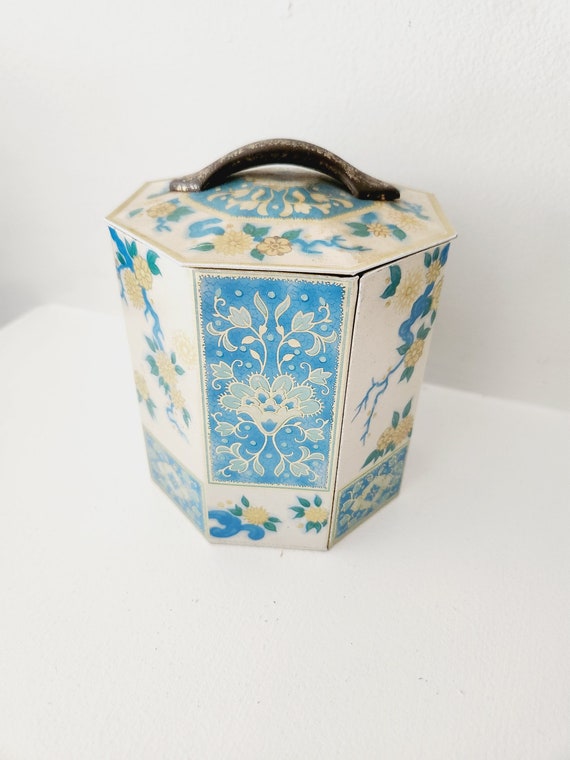 Vintage English Floral Chinoiserie Octagonal Tin made in England