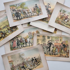 May include: A collection of vintage-style rectangular paper prints featuring colorful illustrations of people in historical attire, horses, and outdoor landscapes. Each print contains detailed line work and muted watercolor tones with text.