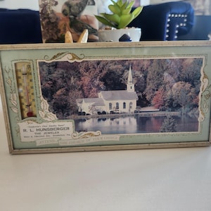 Vintage Framed Advertising Thermometer For R.L. Hunsberger The Jeweler Souderton PA -- Vintage Thermometer Wall Decor -- Church Lake Scene
