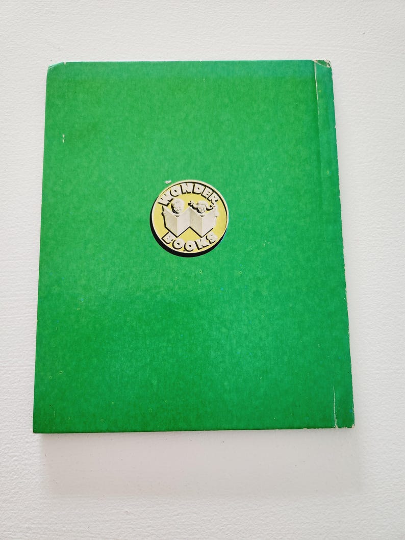 Może przedstawiać: Tylna okładka zielonej książki w twardej oprawie z złotym logo Wonder Books przedstawiającym dwoje dzieci czytających.