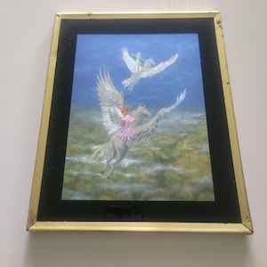 Vintage Foil Picture Print Pegasus Duo - Little Girls On Flying Pegasus - Fantasy Print - Vintage 1980s Pegasus Art Print - Girls Room Decor