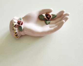 Vintage Pink Ceramic Hand With Rose Flowers Figurine -- Decorative Collectibles -- Gifts For Her -- Vanity Table Decor