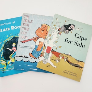 Vintage 1960s Scholastic Paperback Books -- Adventure At Black Rock Cave, The Little Fish That Got Away, Caps For Sale -- Children Readers