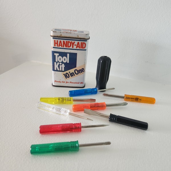 Vintage Handy-Aid Tool Kit Metal Container Looks Like Band-Aid Tin -- 10 In One Tool For Household Alls -- Small Handman Tool Kit