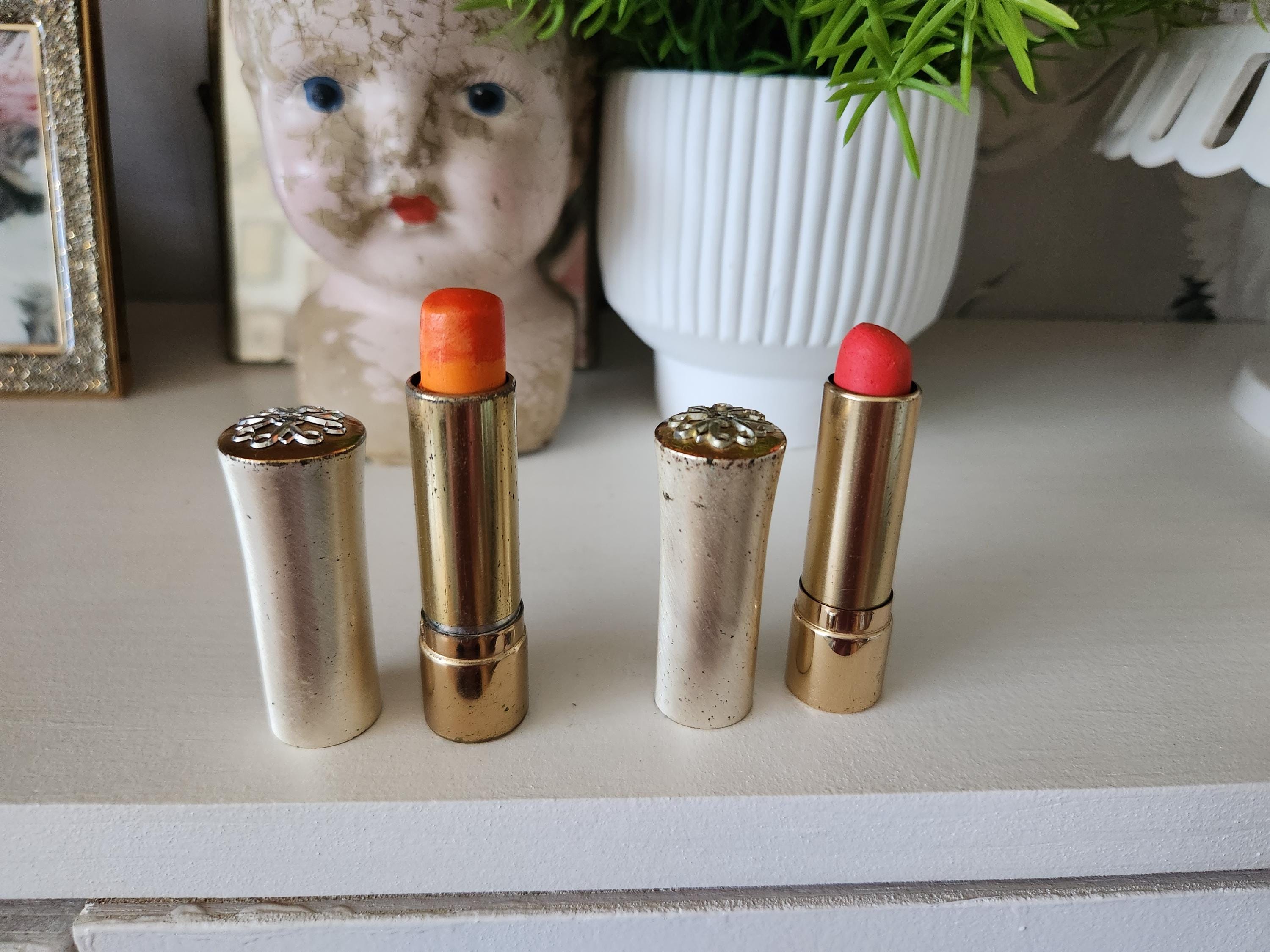 Vintage Pair Of Avon Lipstick - Silver & Gold Tone Metal Tube