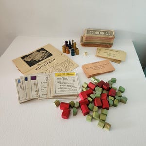 Antique Monopoly Game --Rare Parker Brothers Game -- Antique Board Games -- Monopoly Wooden Game Pieces -- Journal Ephemera Collectible Game