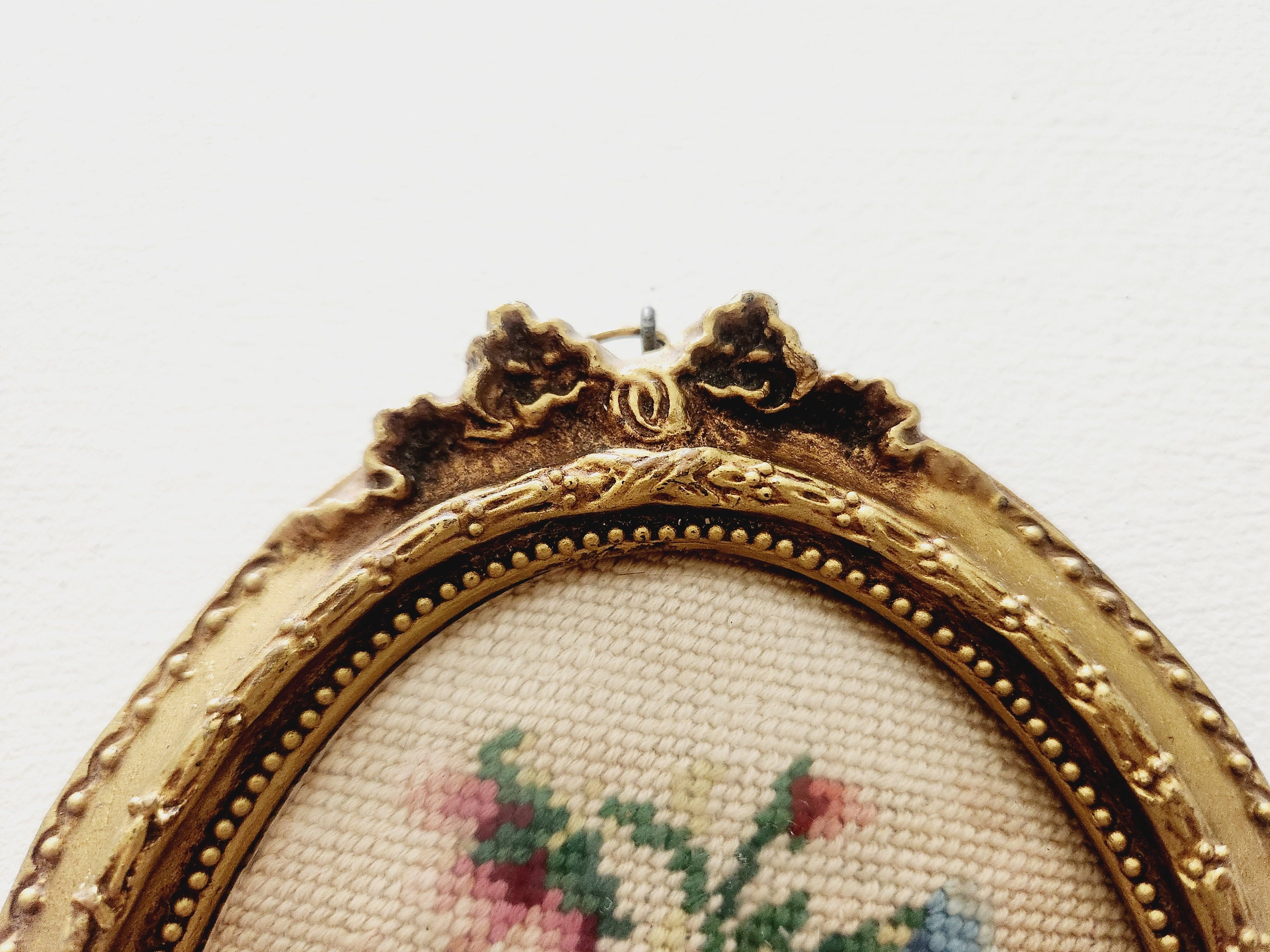 Collection of Vtg handmade/homemade cross stitch gold frame