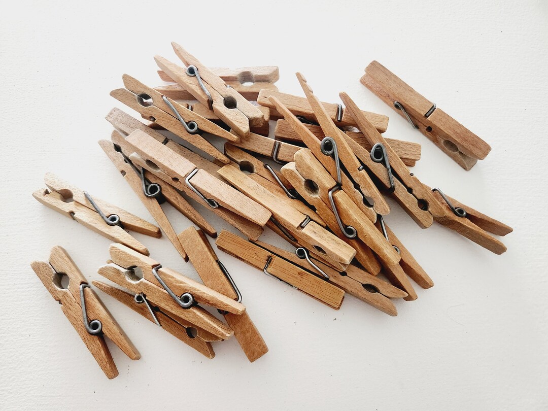 Vintage Wooden Spring Loaded Clothes Pins Lot of 25 Midcentury Laundry