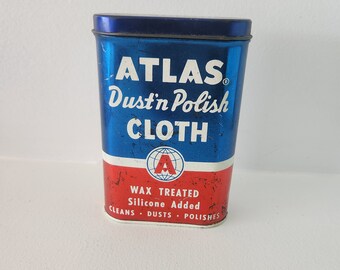 Atlas Dust' N Polish Cloth Tin --  Vintage Automobiles Cloth -- Man Cave Garage Decor -- Retro Style Metal Tin Can -- Automobile Car Decor