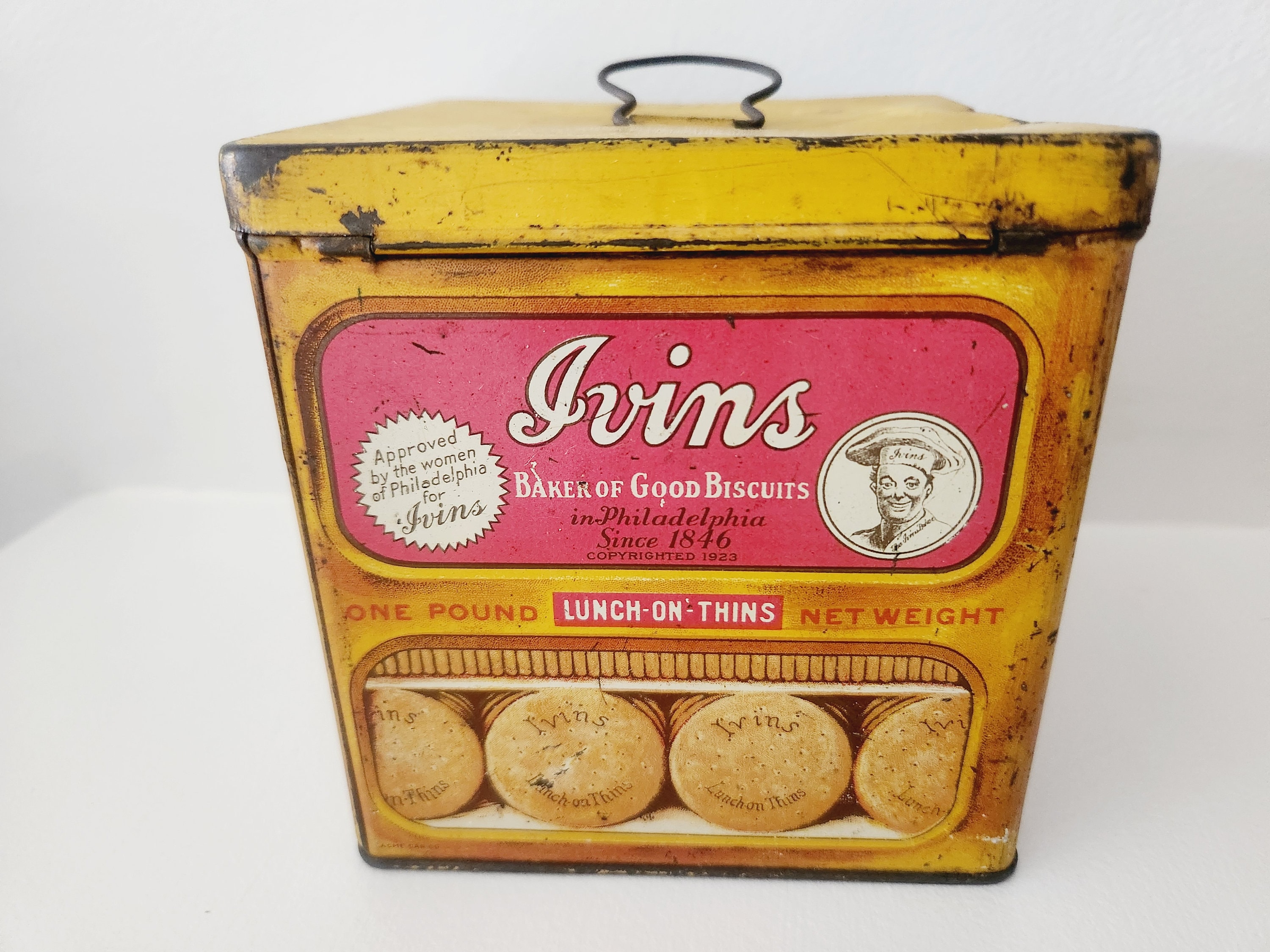 Antique Biscuit Cracker Tin Ivins Lunch on Thins Baker of Good