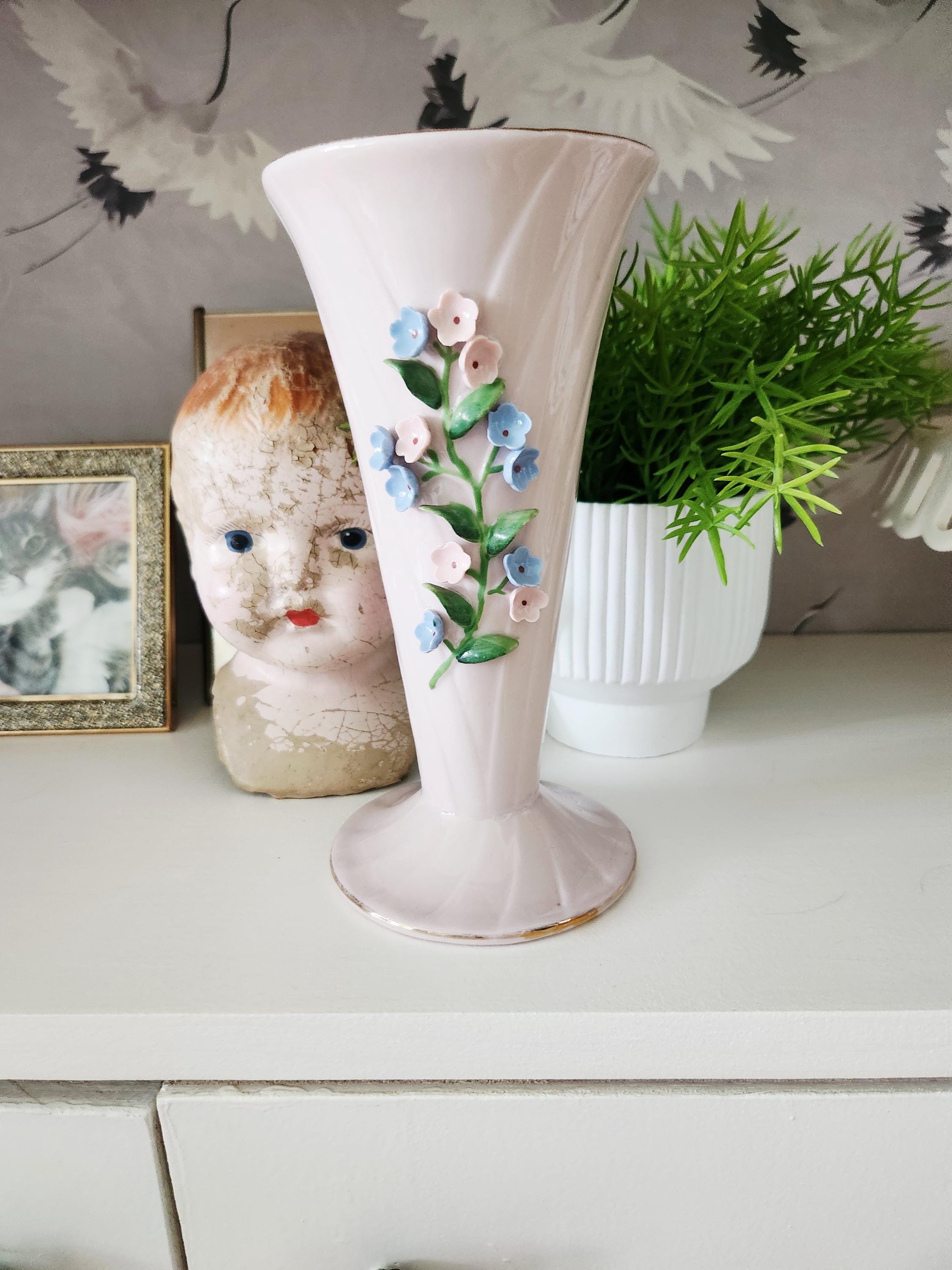 Lefton Vintage Lefton Pink Floral Vase – Hand Painted China, Mid-century ...