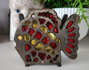 Vintage Fish Shaped Metal Holder – Red and Gold Accents, Kitchen Organizer