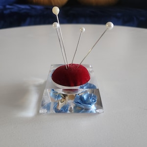 Vintage Lucite Pincushion , Blue Rose Plexiglass Paper Weight