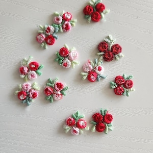 Vintage Red Tiny Embroidered Flower -- Mini Floral Textile Applique - Lot Of 12 Red Flowers - Trim Embellishment Sewing - Flower Applique