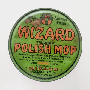 Antique Polish Tin Cans -- Wizard Polish Mop Tin #50 Meekin Can Company -- Mop Green Tin -- Antique Collectibles -- Home Organization