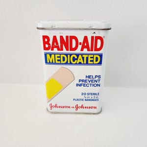 Johnson & Johnson Band Aid Medicated Plastic Bandages -- Vintage Band Aid Tin - First Aid Memorabilia -Bathroom Pharmacy Tin - Small Storage