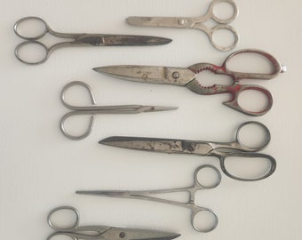 Vintage Metal Scissors Lot -- Assorted Lot Of 7 Old Shears -- Soldering Forceps Clamps Scissors -- Sewing Embroidery Scissors -- Handy Tools