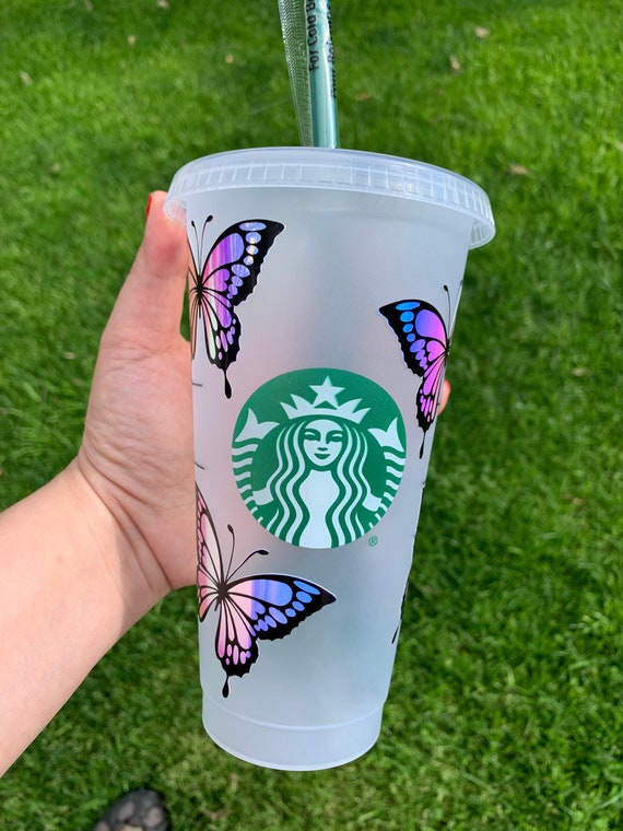 STARBUCKS Custom Reusable Cold Cup Tumbler 24oz | Butterfly Glitter Cup