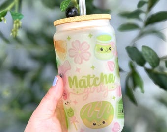Vaso de vidrio esmerilado Matcha Girly de 16 oz, vajilla kawaii, regalo para ella