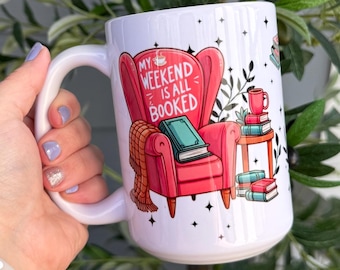 Taza para amantes de los libros / Silla de lectura acogedora Taza de café "Mi fin de semana está completo"