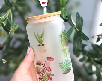 Vaso de vidrio esmerilado con diseño de planta, vaso para café helado con motivos botánicos, regalo para amantes de las plantas.