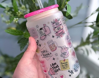 Vaso de cristal de 473 ml (16 oz) con mensajes de amor propio y afirmaciones positivas, regalo para ella.