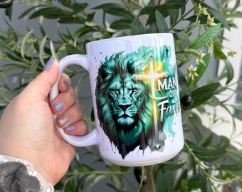 Taza cristiana de león de 15 oz, hombre de fe, regalo del Día del Padre, regalo para él