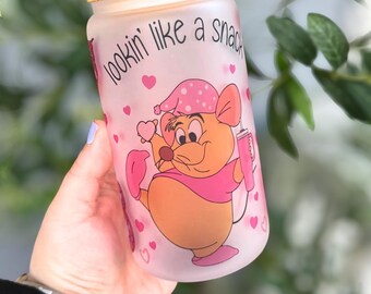 Lata de vidrio para refrigerios rosa / Vaso de café helado esmerilado / Vaso mágico de Parks