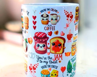 Taza con juego de palabras de comida kawaii de 433 ml / Taza de café para parejas / Regalo divertido de amor / Taza con mermelada y tostadas