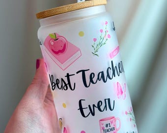 Vaso de vidrio "El mejor profesor de todos los tiempos", regalo personalizado para profesores, vaso de vidrio esmerilado de 473 ml, regalo de agradecimiento para profesores, regalo de fin de año para profesores