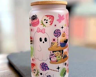 Vaso rosa de Halloween, taza de fantasma adorable y espeluznante, vaso de vidrio esmerilado de 473 ml, taza kawaii de Halloween, vaso para café helado