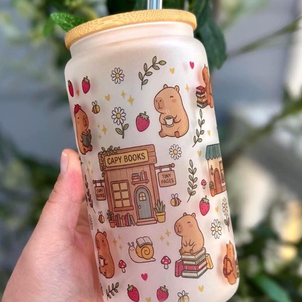 Capybara Cup, Book Lover Tumbler, Cute Reader Glass, Cozy Gift