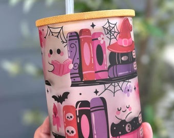 Bookish Ghost 17oz Glass Mug, Halloween Ghost Cup, Ghost Reading Book Cups