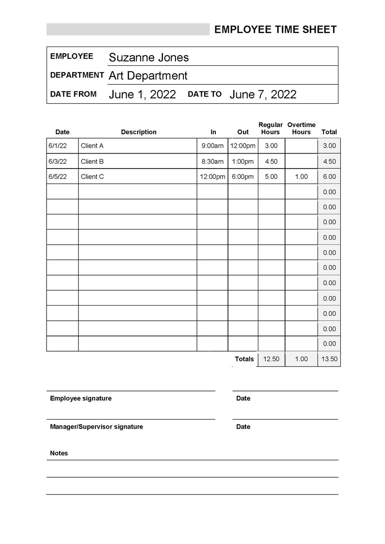 Employee Timesheet Editable Timesheet Time Log Printable Task 