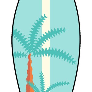 May include: A blue surfboard with a white stripe down the center and a stylized palm tree design. The palm trees are orange and green.