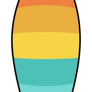 May include: A colorful surfboard with orange, yellow, and blue stripes. The surfboard is shaped like a teardrop and has a pointed tip.