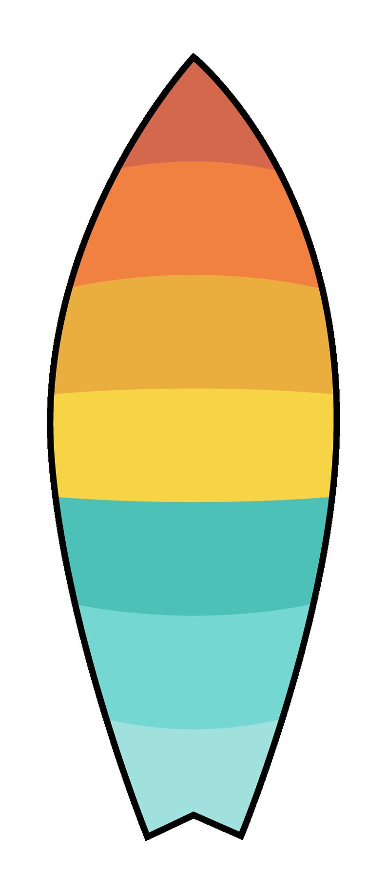 May include: A colorful surfboard with orange, yellow, and blue stripes. The surfboard is shaped like a teardrop and has a pointed tip.