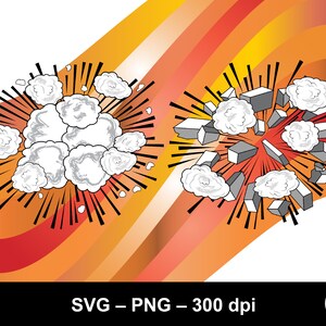 May include: Two black and white comic book style explosion illustrations. One is a cloud of smoke and the other is a cloud of smoke with broken pieces of concrete.