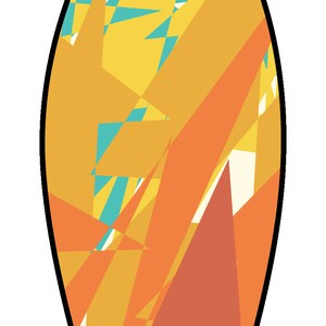 May include: A colorful surfboard with a geometric pattern in shades of yellow, orange, teal, and white.