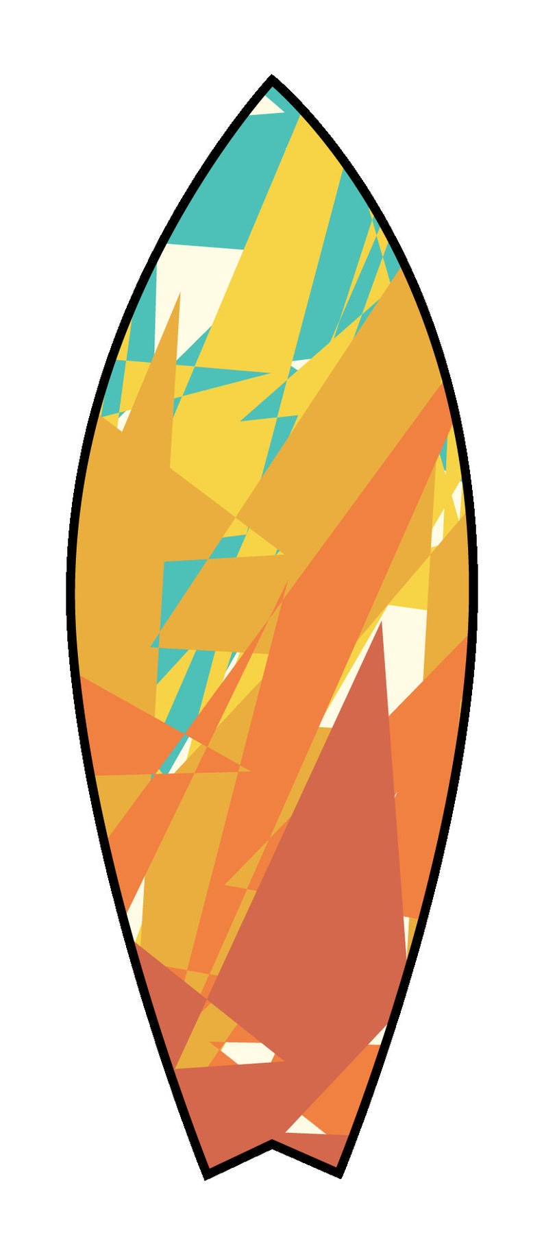 May include: A colorful surfboard with a geometric pattern in shades of yellow, orange, teal, and white.