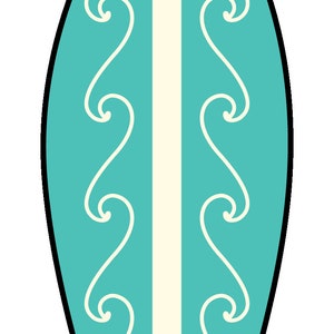 May include: A turquoise surfboard with a white stripe down the center and white swirl designs on either side.