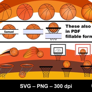 May include: A set of printable basketball themed graphics, including basketballs, hoops, and a basketball player. The graphics are in SVG and PNG format and are 300 dpi. The text "These also in PDF fillable form" is included in the image. The graphics are perfect for creating personalized basketball themed projects.