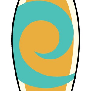 May include: A yellow surfboard with a teal wave design. The surfboard has a white outline.