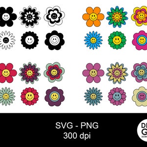 花のスマイリーフェイス / レトロでグルーヴィーな花の SVG / ヒッピーな花の SVG / スマイリーフェイスの花の SVG / グルーヴィーな花の SVG /
