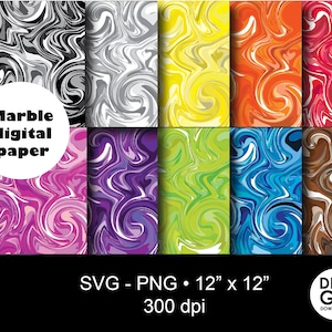May include: Set of 10 digital paper patterns featuring a marble swirl design in various colors, including black, white, pink, purple, green, blue, orange, and brown. Each pattern is 12 inches by 12 inches and 300 dpi.