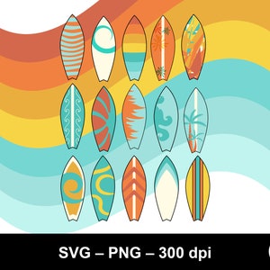 May include: Set of 15 colorful surfboard illustrations with various patterns, including stripes, waves, and tropical designs. The surfboards are arranged in a rainbow pattern against a background of blue and orange waves.