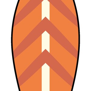 May include: Orange surfboard with a white stripe down the center and three red chevron patterns.